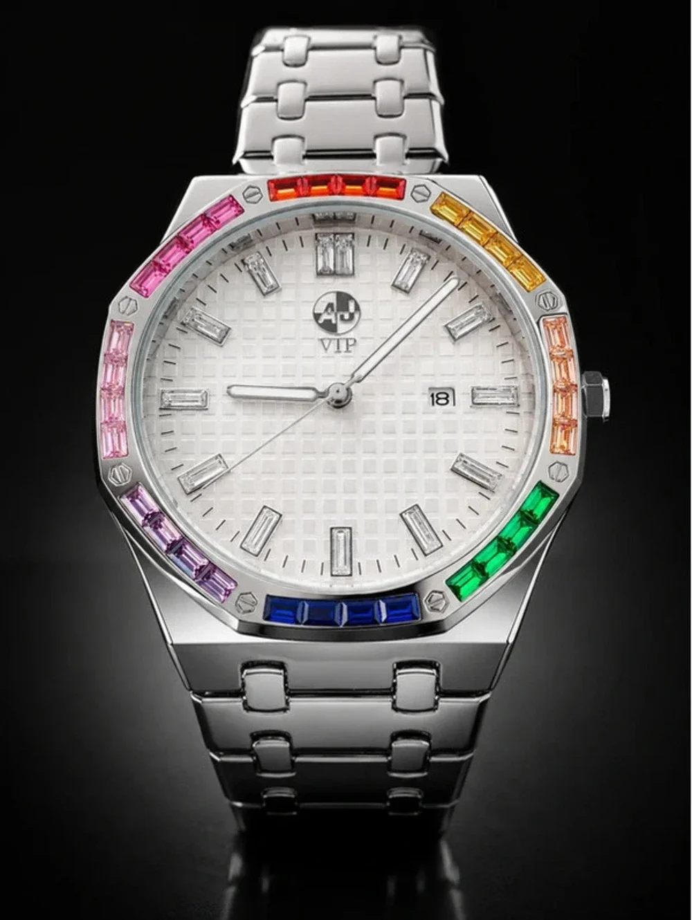 #542 AJ VIP 42mm Rainbow Crystal Watch + Free Size 12 Ring